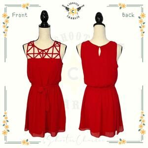 BCX DRESS Womens Casual Red Sleeveless Short A Line Dress Caged Top Size Medium